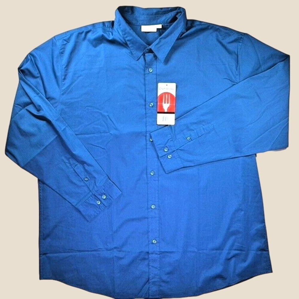 New Chef Works Long Sleeve Button Down Shirt Men 3XL Blue Workwear Kitchen Cook